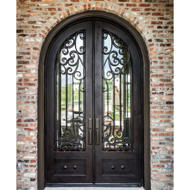 GID iron double entrance door round top with bug proof screen and mirror glass and oil rubbed bronze finish