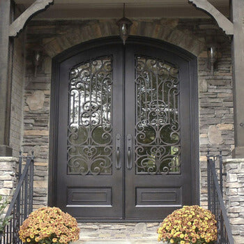 stately bronze thermal break iron exterior double door with eyebrow arched top 