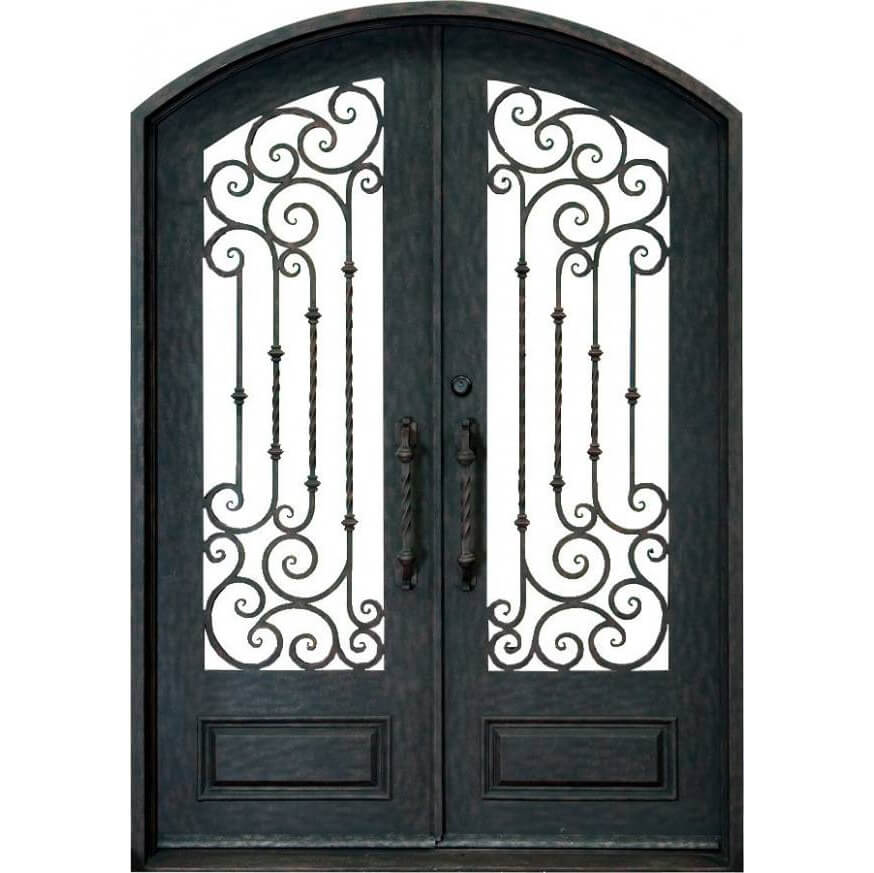 double iron door with kickplate and arched top