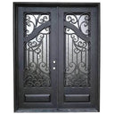 Black color thermally broken wrought iron double door with imposing scrollwork