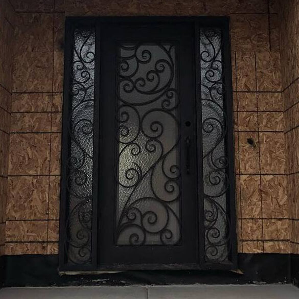 single door with two sidelights and matte black frame