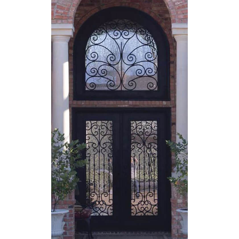 double iron door with transom and aquatex glass