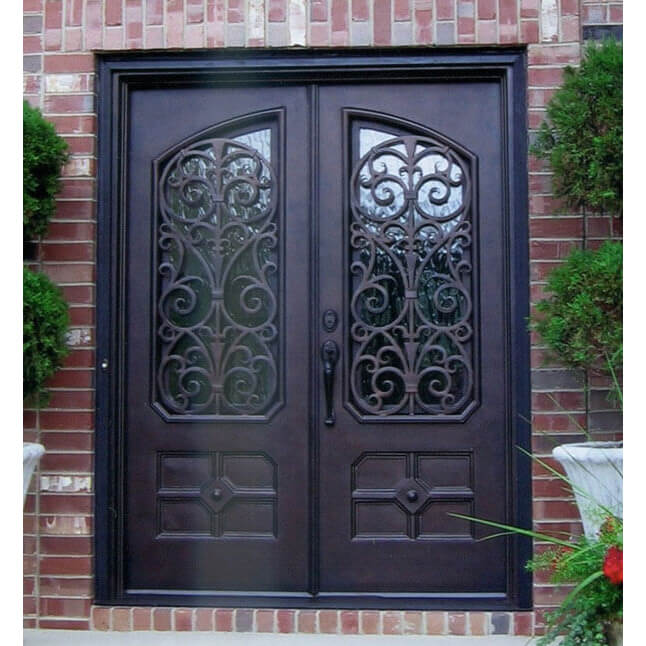 GID insulated wrought iron bronze double front doors with square top