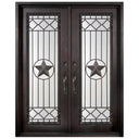 double iron door with rusty red frame and aquatex glass