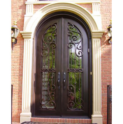 double iron door with clear glass and rusty red frame