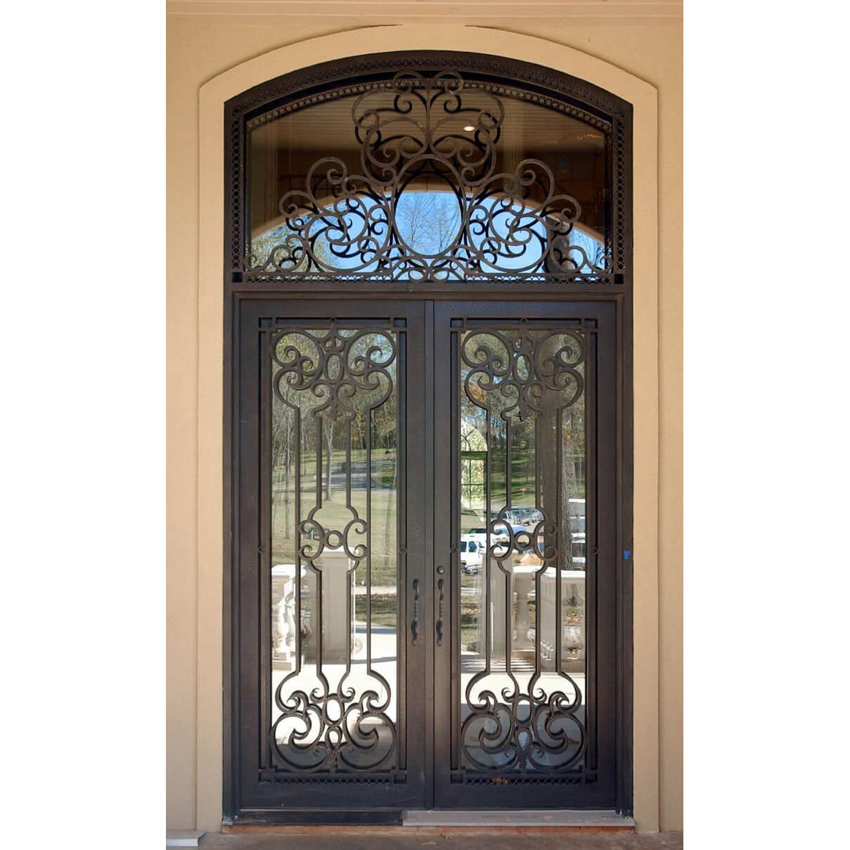 double iron door with transom and clear glass