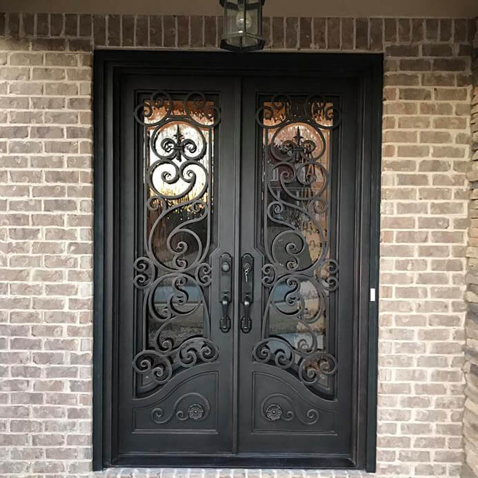 double iron door with square top and aquatex glass