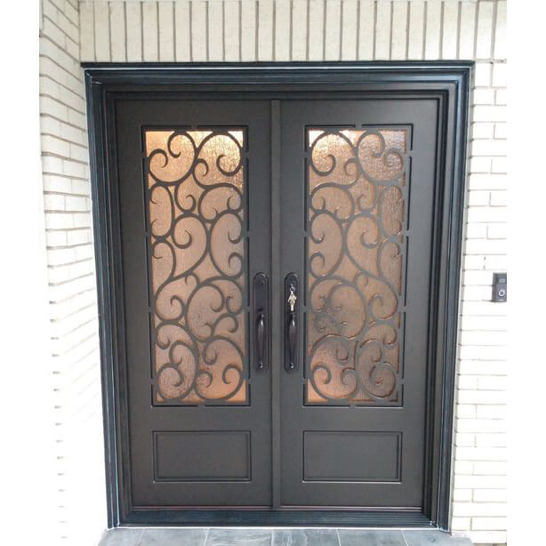 GID thermal break wrought iron double front door with fancy scrollwork and double-pane glass