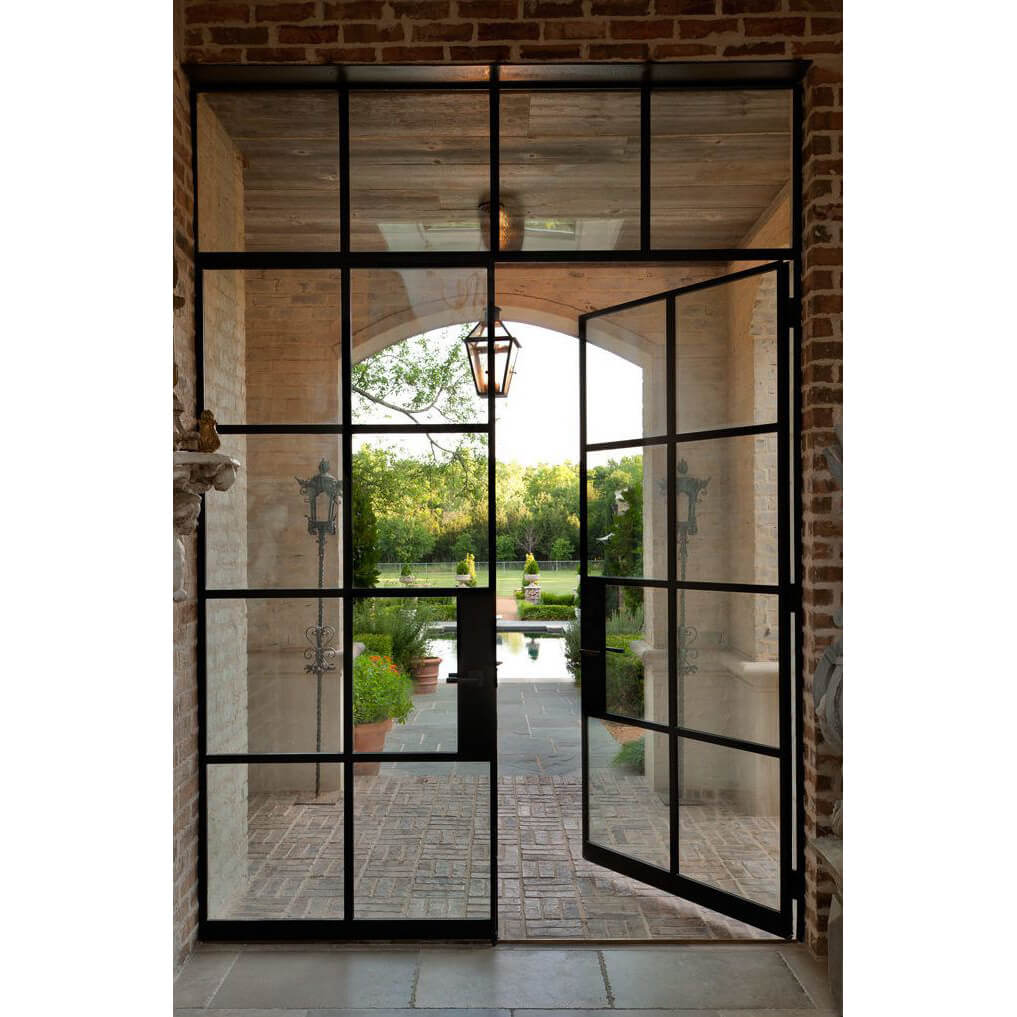 iron french double door with square transom and square top