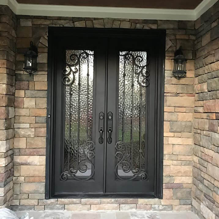 double iron door with aquatex glass and matte black frame