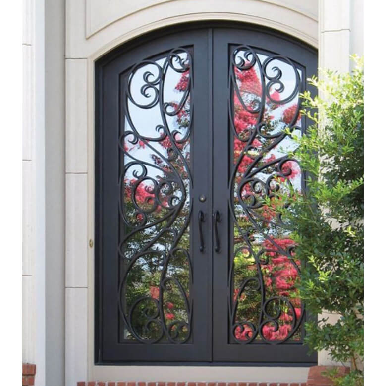 double iron door with arched top and aquatex glass