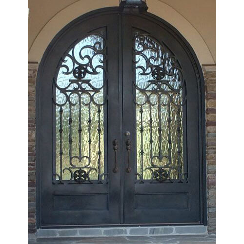 GID Round Top Double Iron Front Door with Tempered Aquatex Glass
