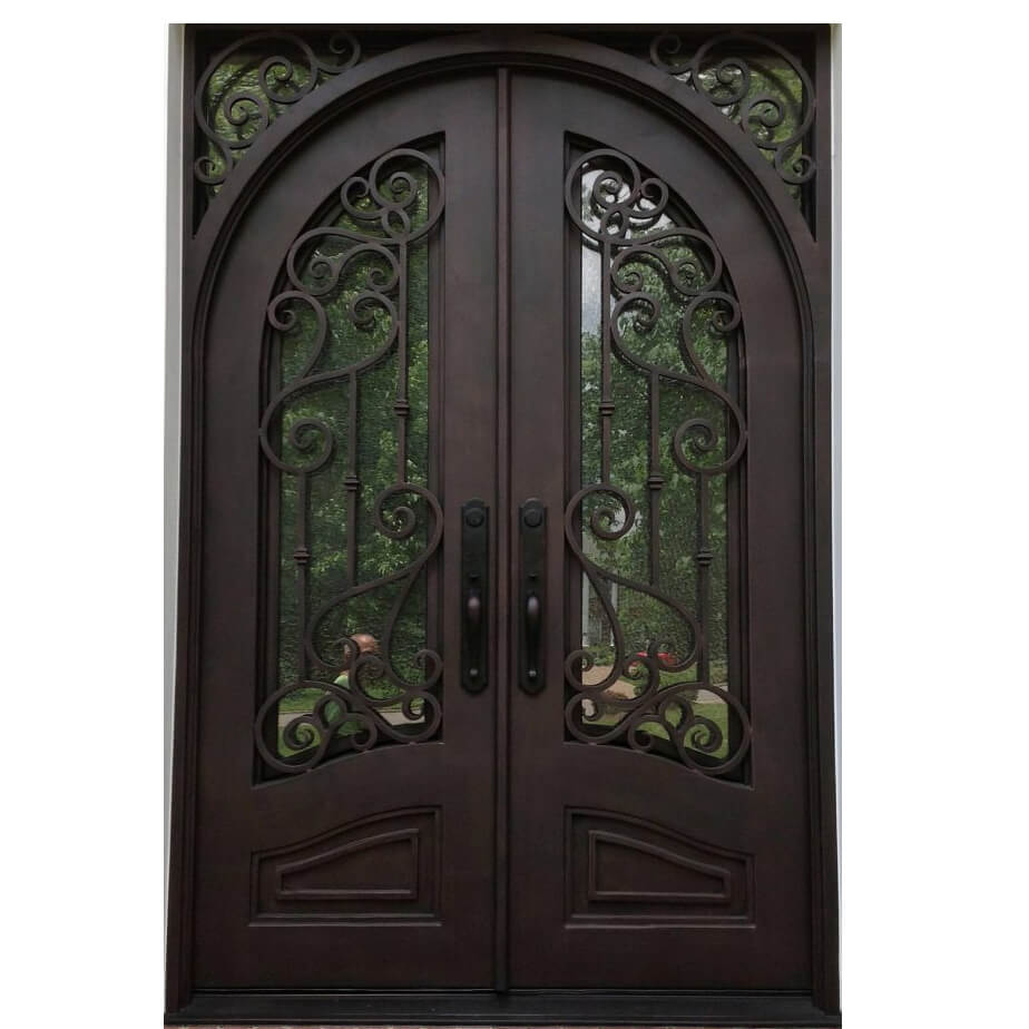 double iron door with rusty red frame and clear glass