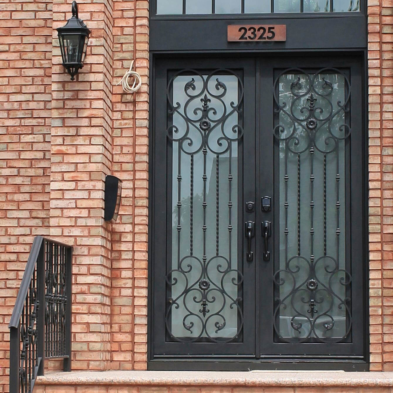 GID matte black wrought iron double door with tempered frosted glass 